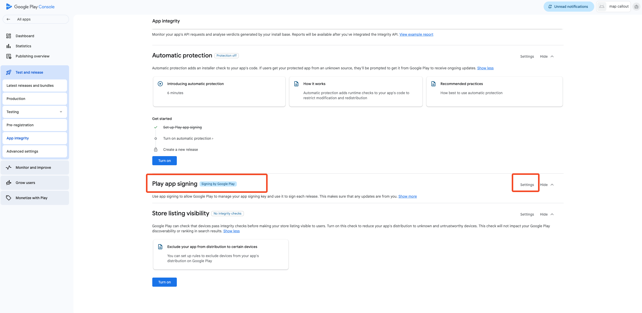 Find App signing section
