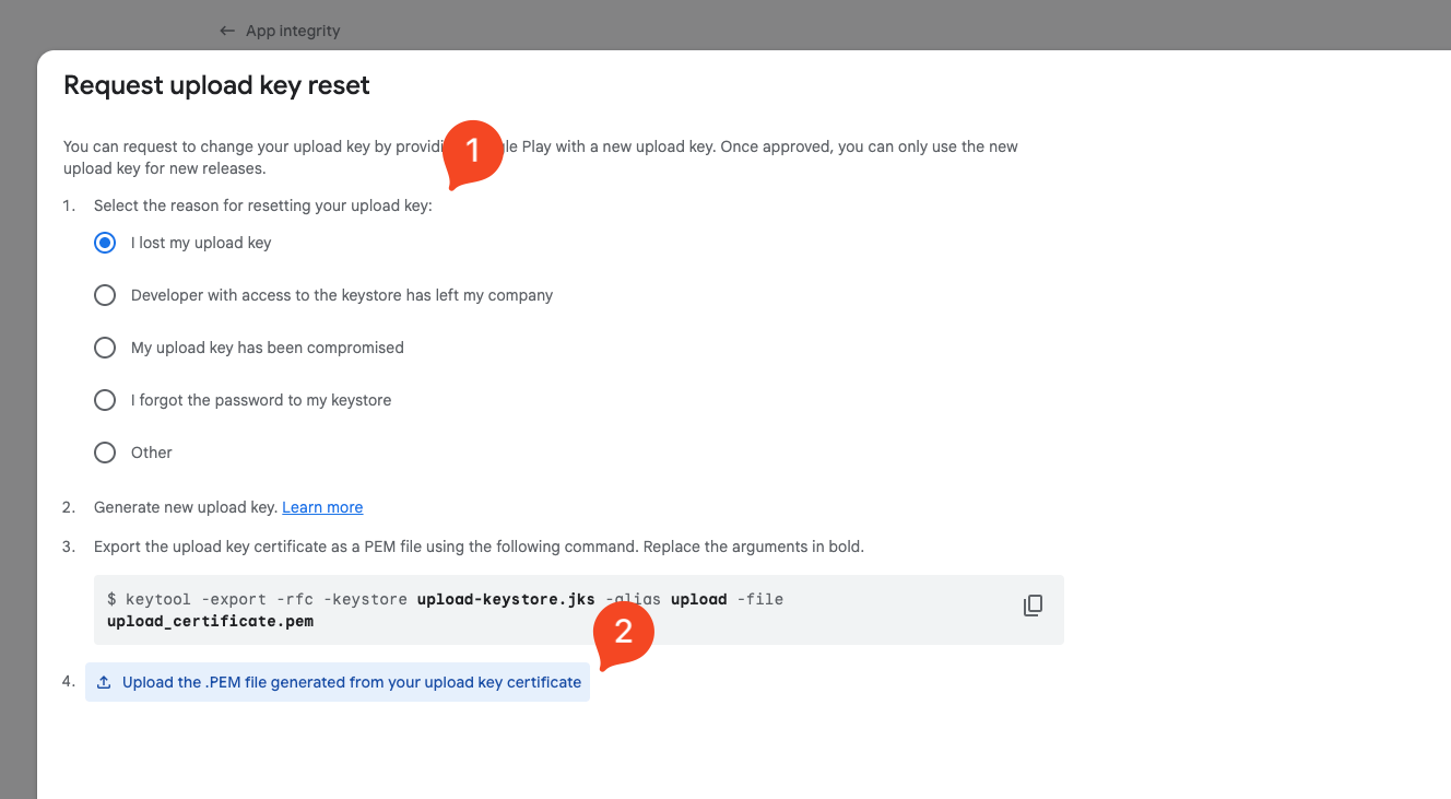 Request upload key reset / replacement