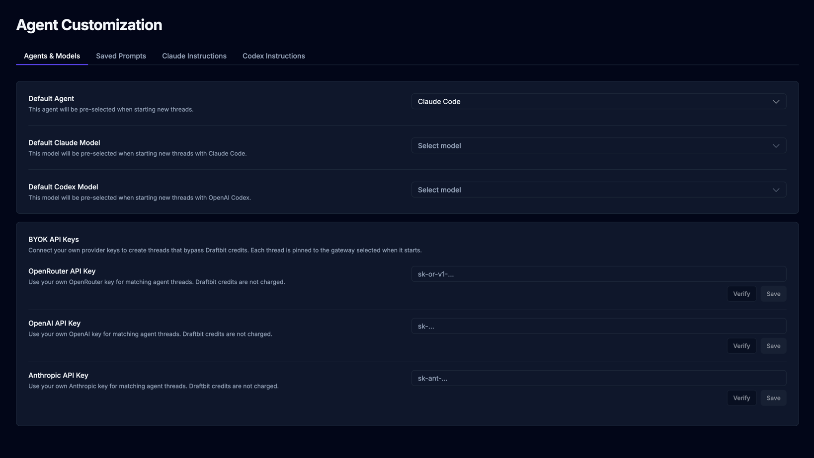 Agent BYOK settings